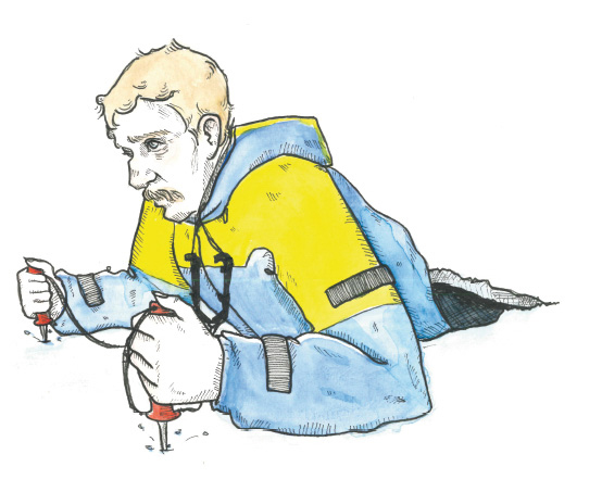 Illustration av en man som använder isdubbar för att ta sig upp ur en vak.
